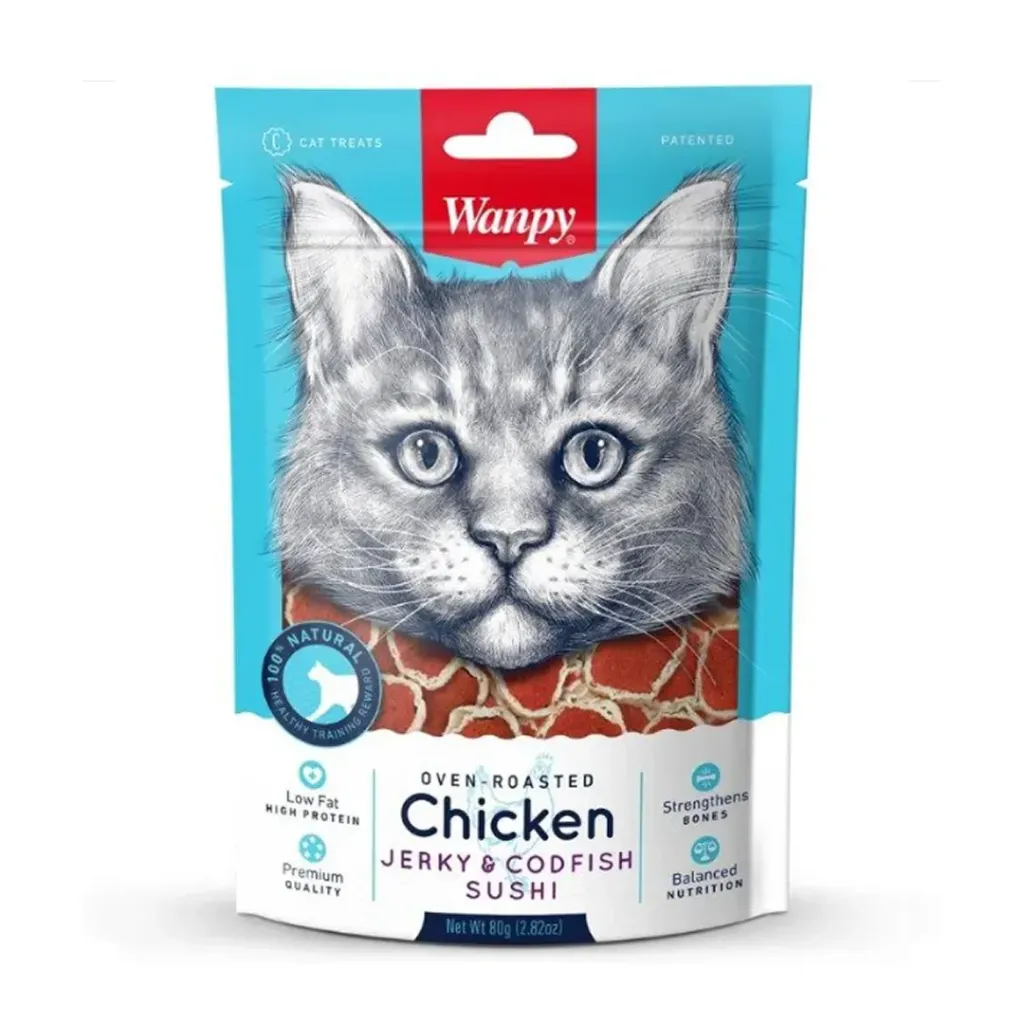 مكافآت قطط وانبي (جيركي الدجاج مع سوشي سمك القد) 80 غرام