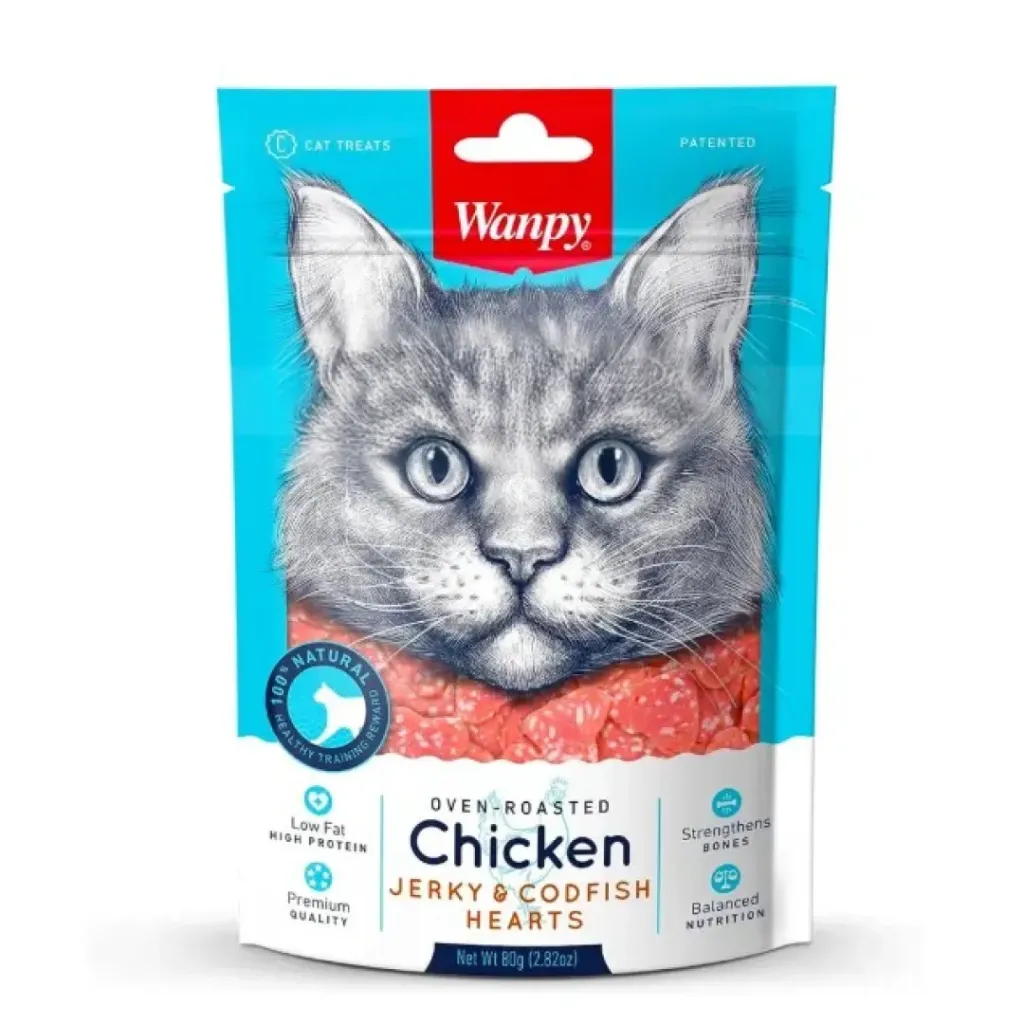 مكافآت القطط وانبي (شرائح جيركي الدجاج مع سمك القد على شكل قلب) 80 غرام